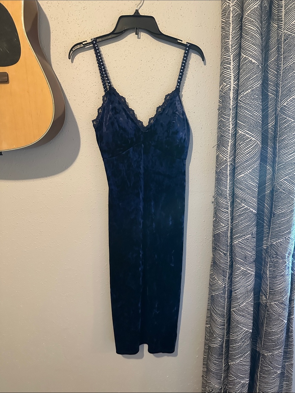 Fashion Nova Navy Blue Velvet Lace-Trim Midi Dress